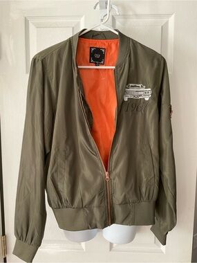 iris Olive Green Bomber Jacket with Embroidered Car Decal